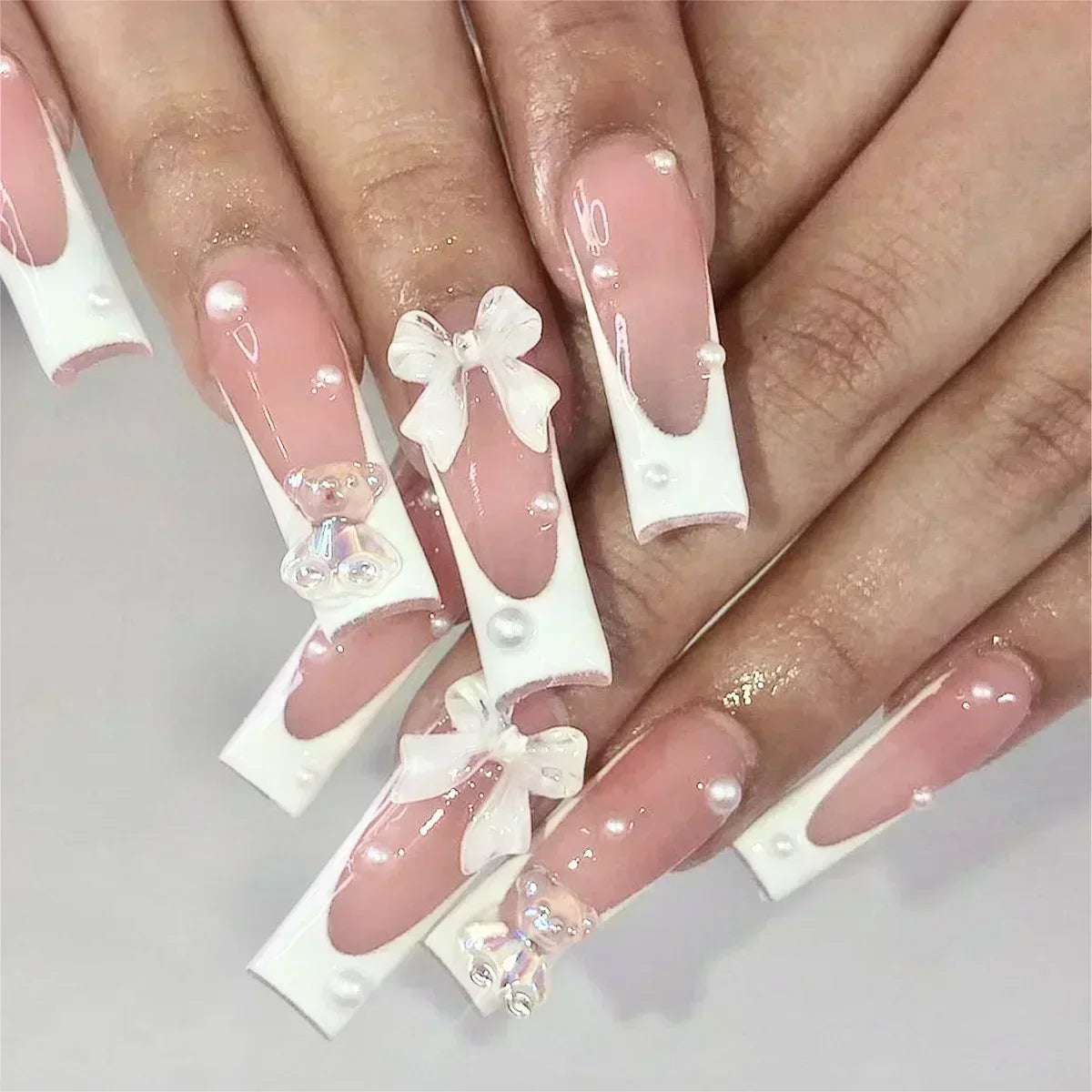 Long Square Press on Nails Love Pattern Design Artifical Coffin False Nail Brown French Wearable Full Cover Fake Nail Tips