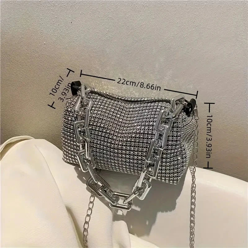 Small Allover Rhinestone Bucket Bag, Glitter Chain  Purse