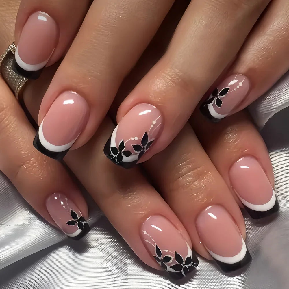 Solid Black Short False Nails with Rose Pattern Design Ballerina Square Artificial Full Cover Press on Nail Tips for Girls