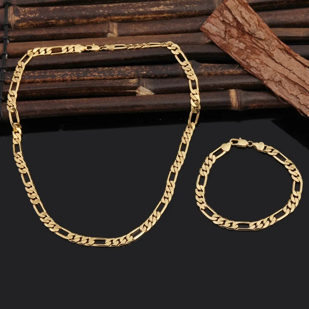 Fine 925 Sterling Silver 18K Gold 6MM Geometry Bracelets Neckalce Set