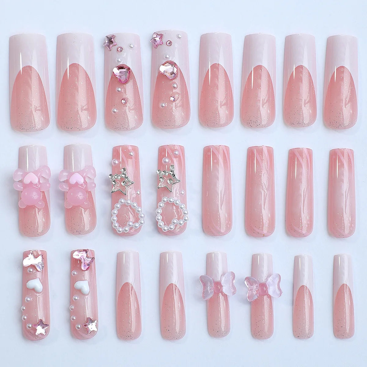 Square Head Ballerina French Pink False Nails With Glue Full Cover Fake Nails Press On Nail Long Acrylic Manicure