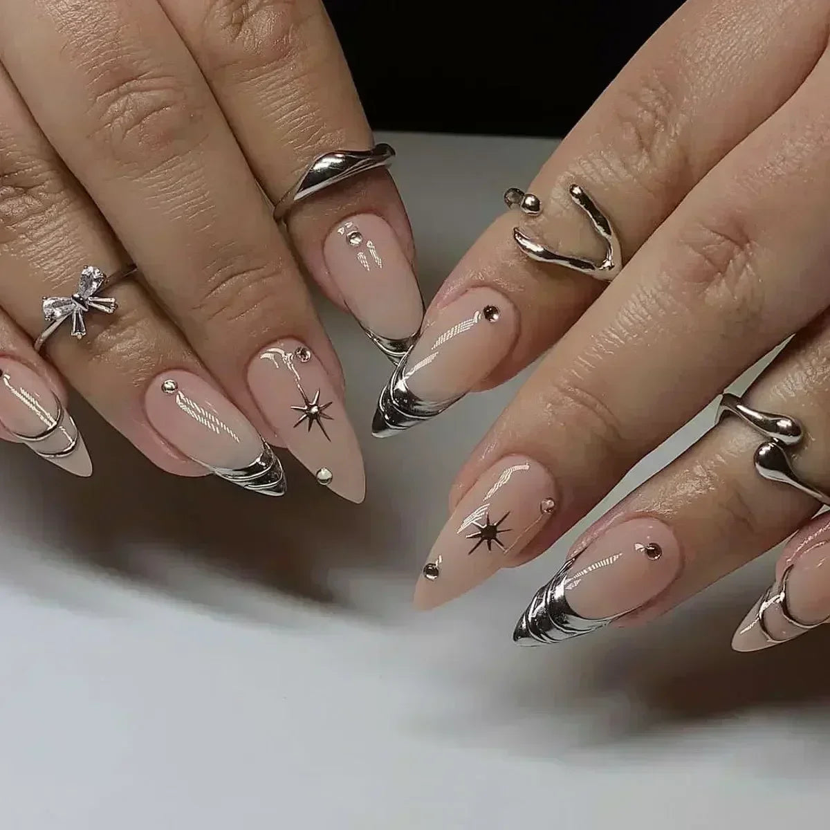 Long Stiletto Press on Nails Box Acrylic False Nails with Almond Designs Black Gold Foil French Full Cover Fake Nail Tips