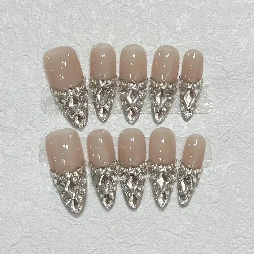 10Pcs Long Almond Handmade Press on Nails Fake Nails with Rhinestone Wearable Stick-on Nails False Nail Накладные Ногти Uñas