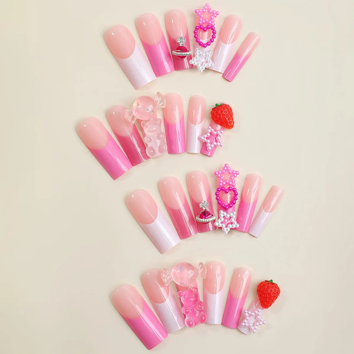 Square Head Ballerina French Pink False Nails With Glue Full Cover Fake Nails Press On Nail Long Acrylic Manicure