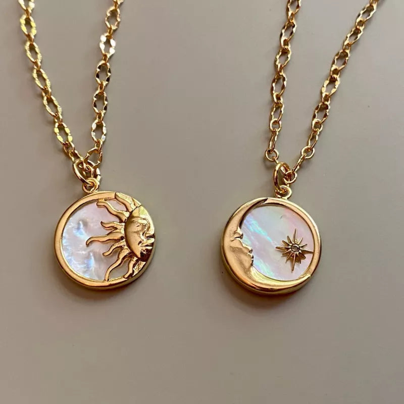 Vintage Sun and Moon Pendants Necklace White Shell Round Coin Stainless Steel