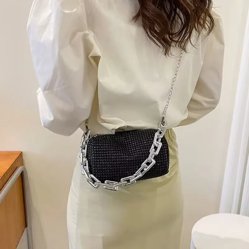 Small Allover Rhinestone Bucket Bag, Glitter Chain  Purse