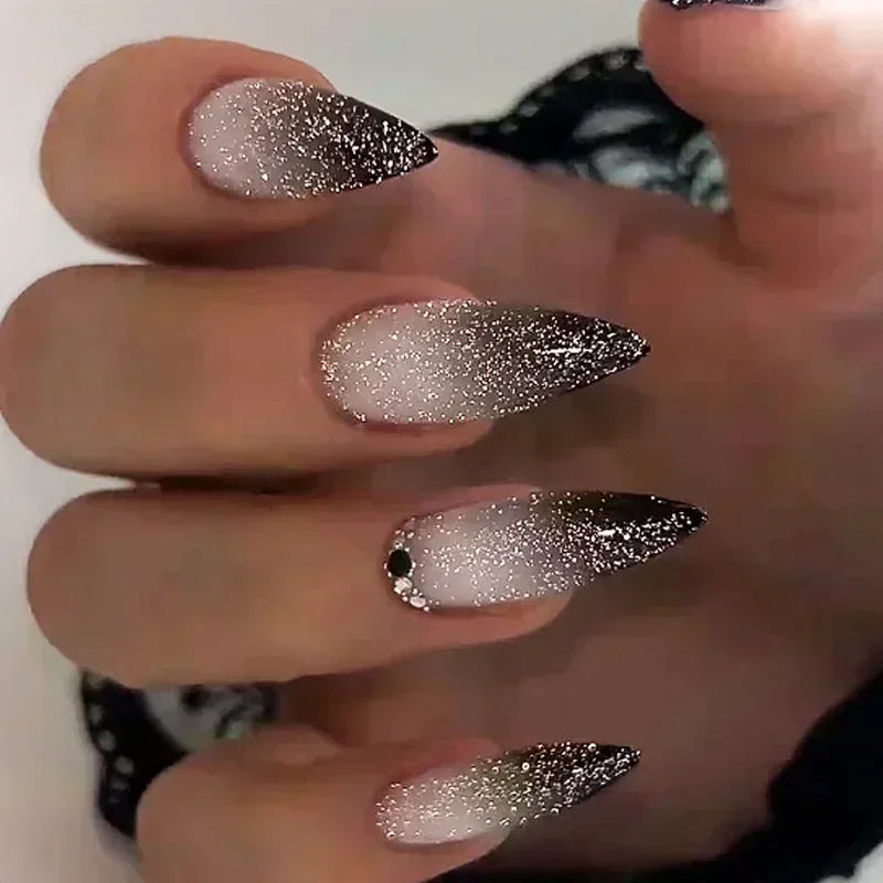 Long Stiletto Press on Nails Box Acrylic False Nails with Almond Designs Black Gold Foil French Full Cover Fake Nail Tips