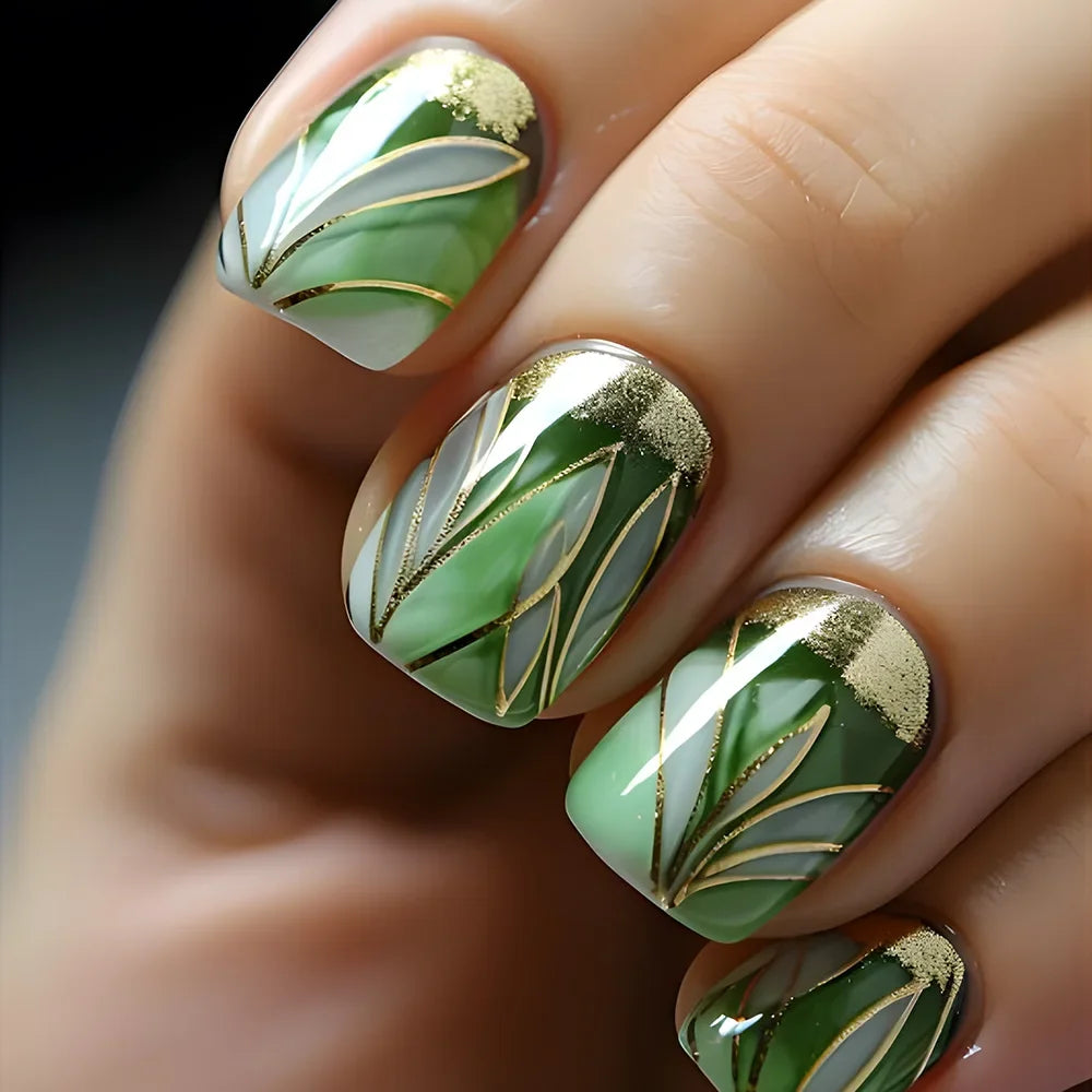 Short Square Press on Nails Jade Flower Sparkling Powder Designs Fake Nails with Glue Green Gradient Full Cover Nail Tips