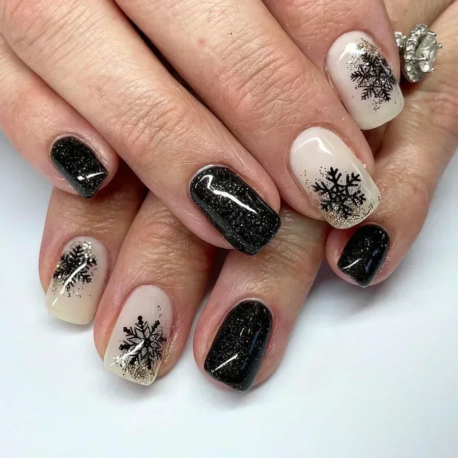 Solid Black Short False Nails with Rose Pattern Design Ballerina Square Artificial Full Cover Press on Nail Tips for Girls