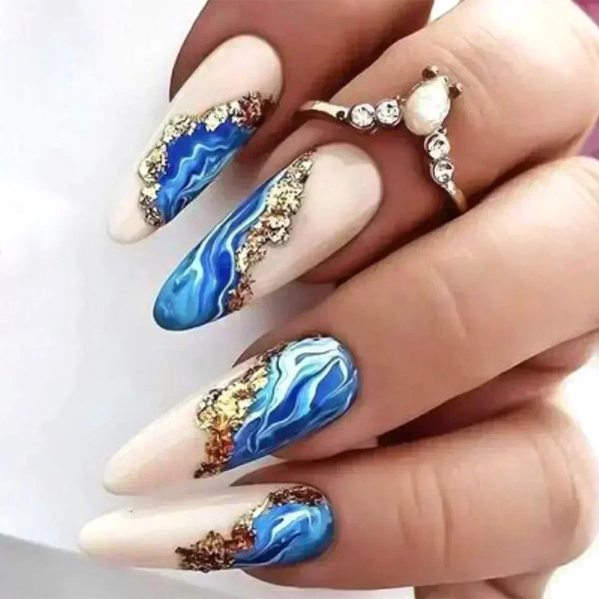 Long Stiletto Press on Nails Box Acrylic False Nails with Almond Designs Black Gold Foil French Full Cover Fake Nail Tips