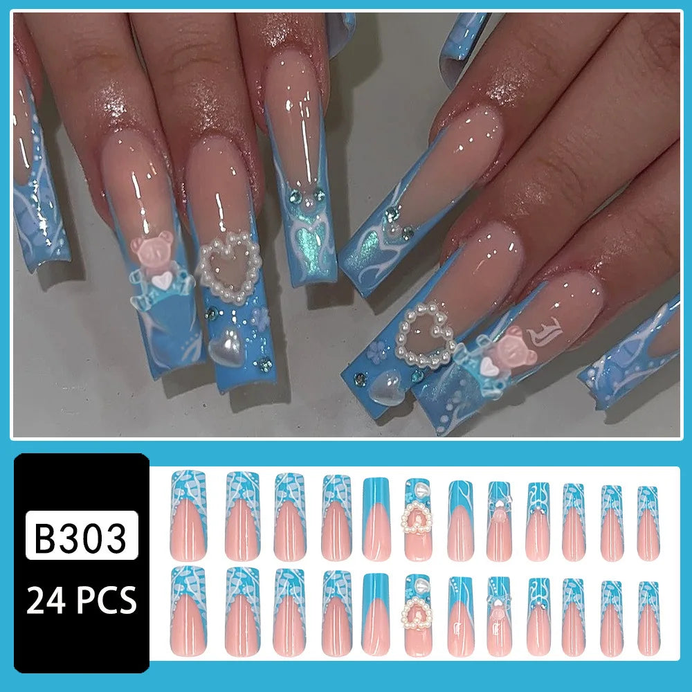 Square Head Ballerina French Pink False Nails With Glue Full Cover Fake Nails Press On Nail Long Acrylic Manicure