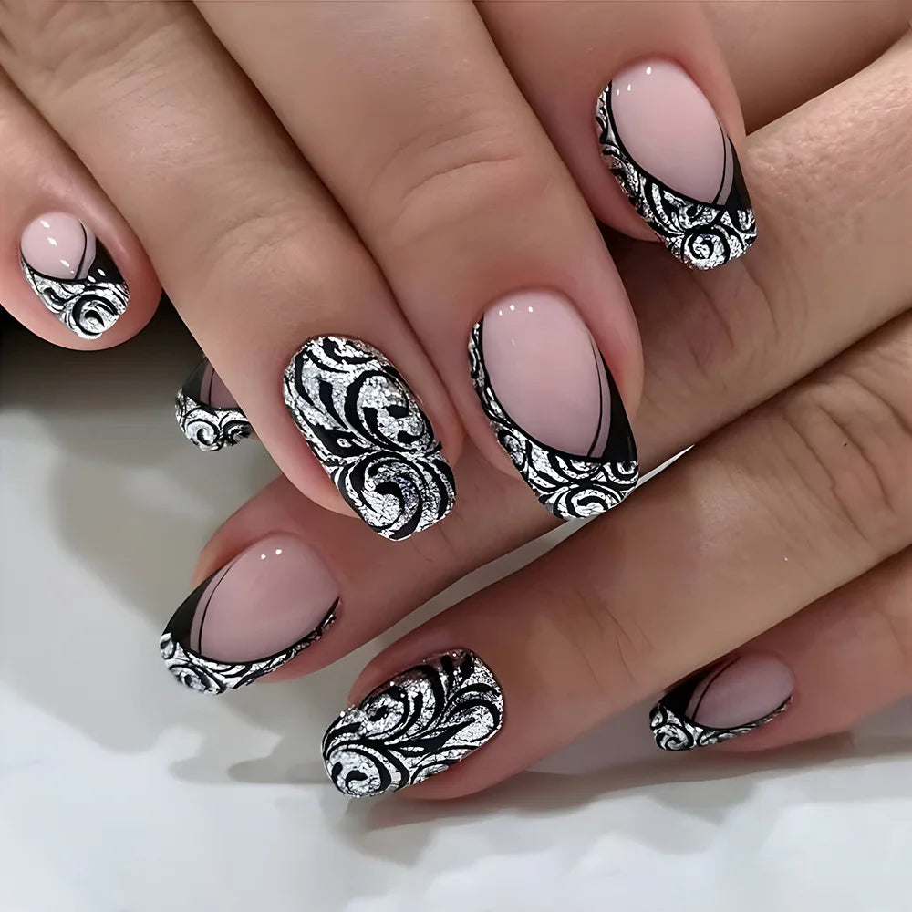 Solid Black Short False Nails with Rose Pattern Design Ballerina Square Artificial Full Cover Press on Nail Tips for Girls