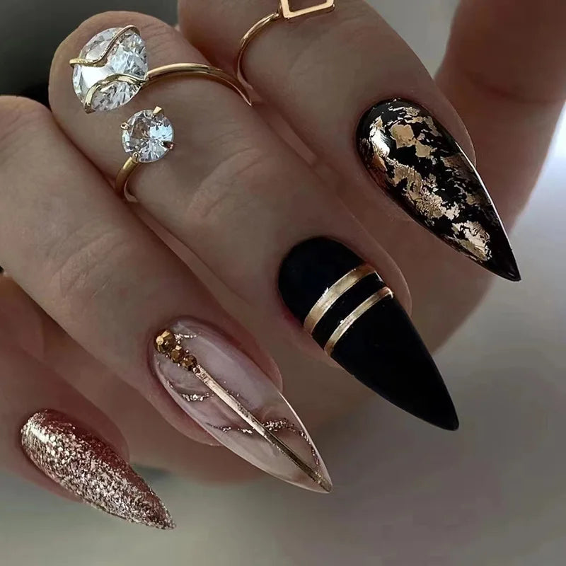 Long Stiletto Press on Nails Box Acrylic False Nails with Almond Designs Black Gold Foil French Full Cover Fake Nail Tips