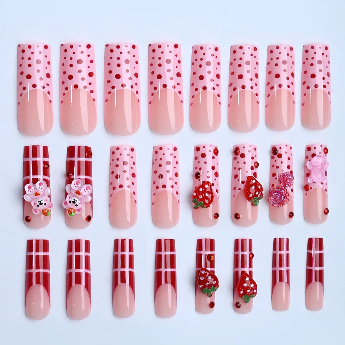 Sweet Long Strawberry Cute Bear False Nails Designs Fake Nails For Women Girls On Nail Art Embellishment Wearable Nails