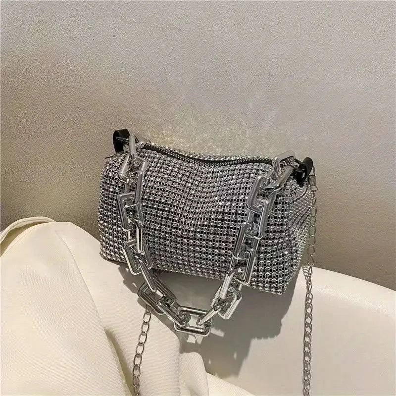 Small Allover Rhinestone Bucket Bag, Glitter Chain  Purse