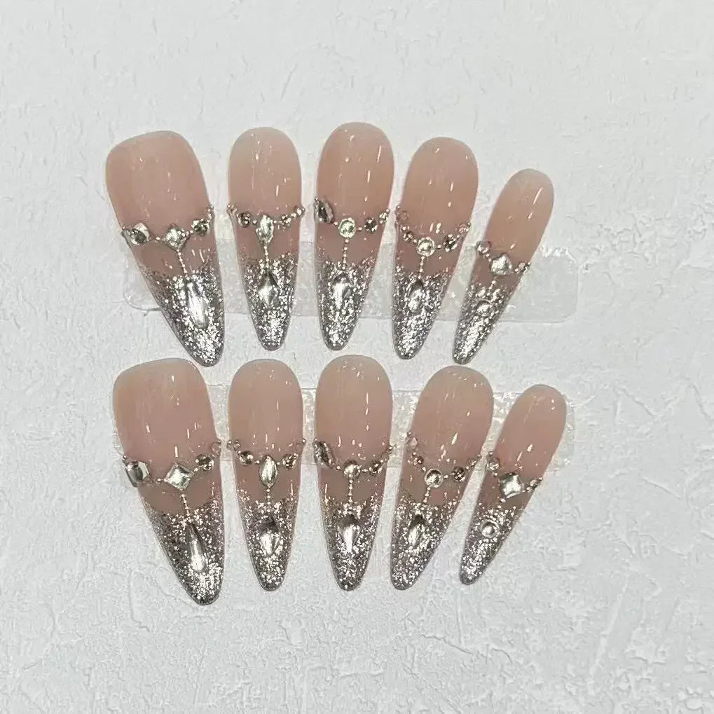 10Pcs Long Almond Handmade Press on Nails Fake Nails with Rhinestone Wearable Stick-on Nails False Nail Накладные Ногти Uñas