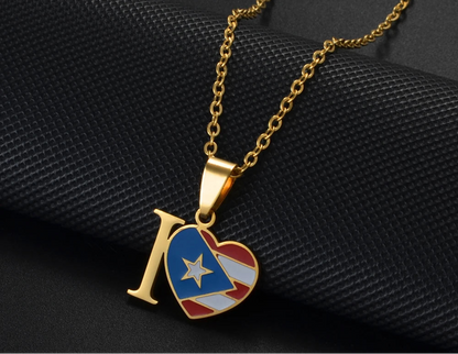 Heart Rectangle Puerto Rico Flag Pendant Necklaces