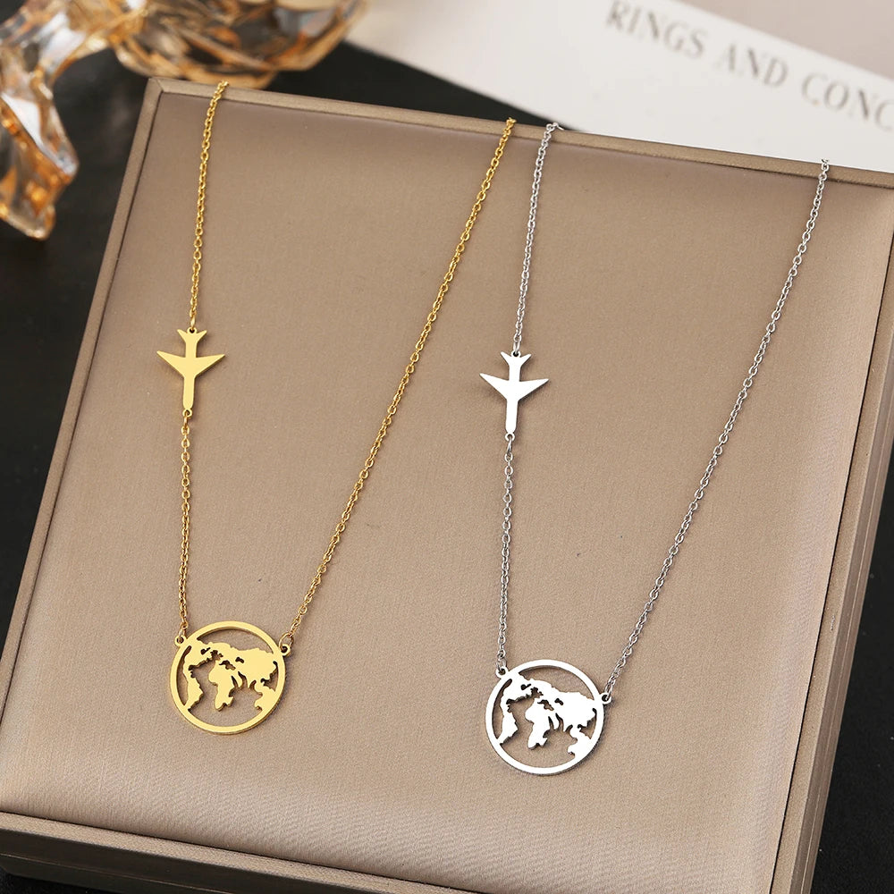 Stainless Steel Necklaces Airplane Globe Map Traveler Pendants Fashion Choker Chains Charms