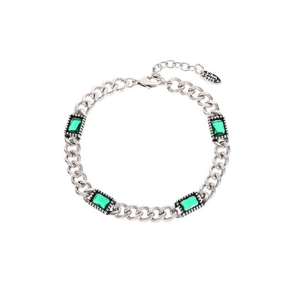 925 Sterling Silver Green Stone Retro Chain Bracelet