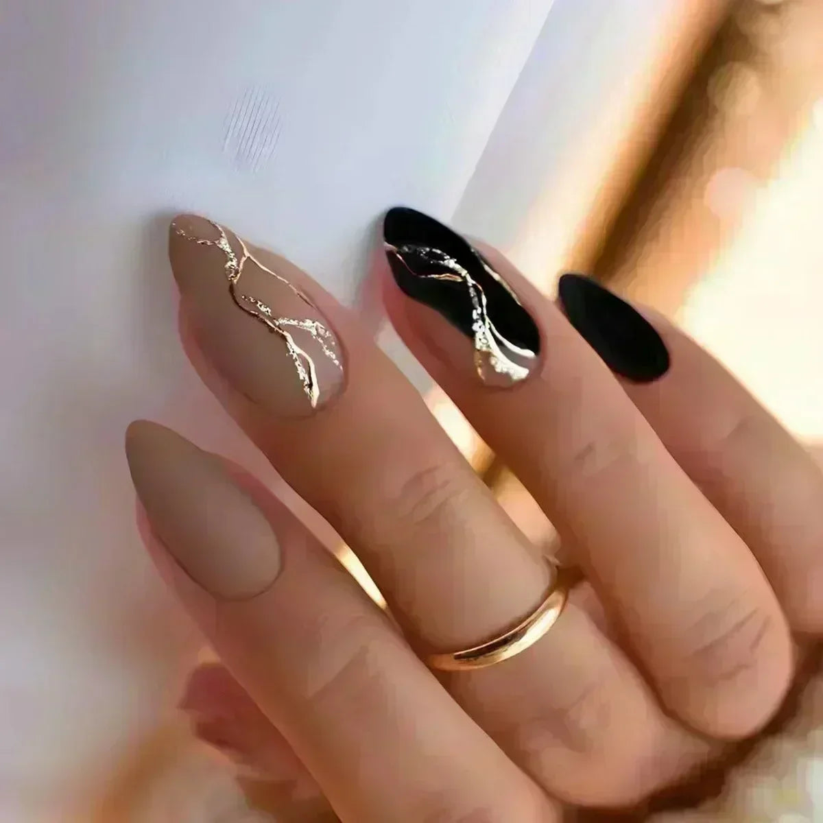 Long Stiletto Press on Nails Box Acrylic False Nails with Almond Designs Black Gold Foil French Full Cover Fake Nail Tips