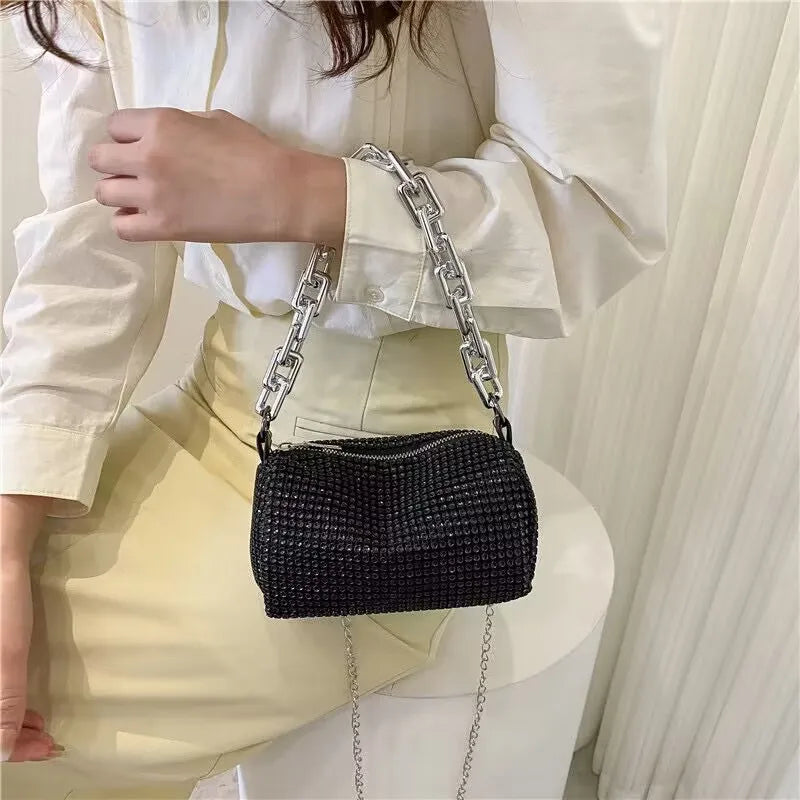 Small Allover Rhinestone Bucket Bag, Glitter Chain  Purse