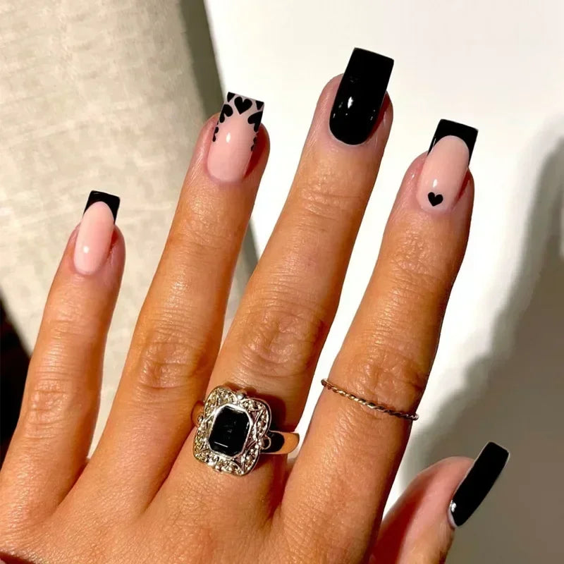 Solid Black Short False Nails with Rose Pattern Design Ballerina Square Artificial Full Cover Press on Nail Tips for Girls