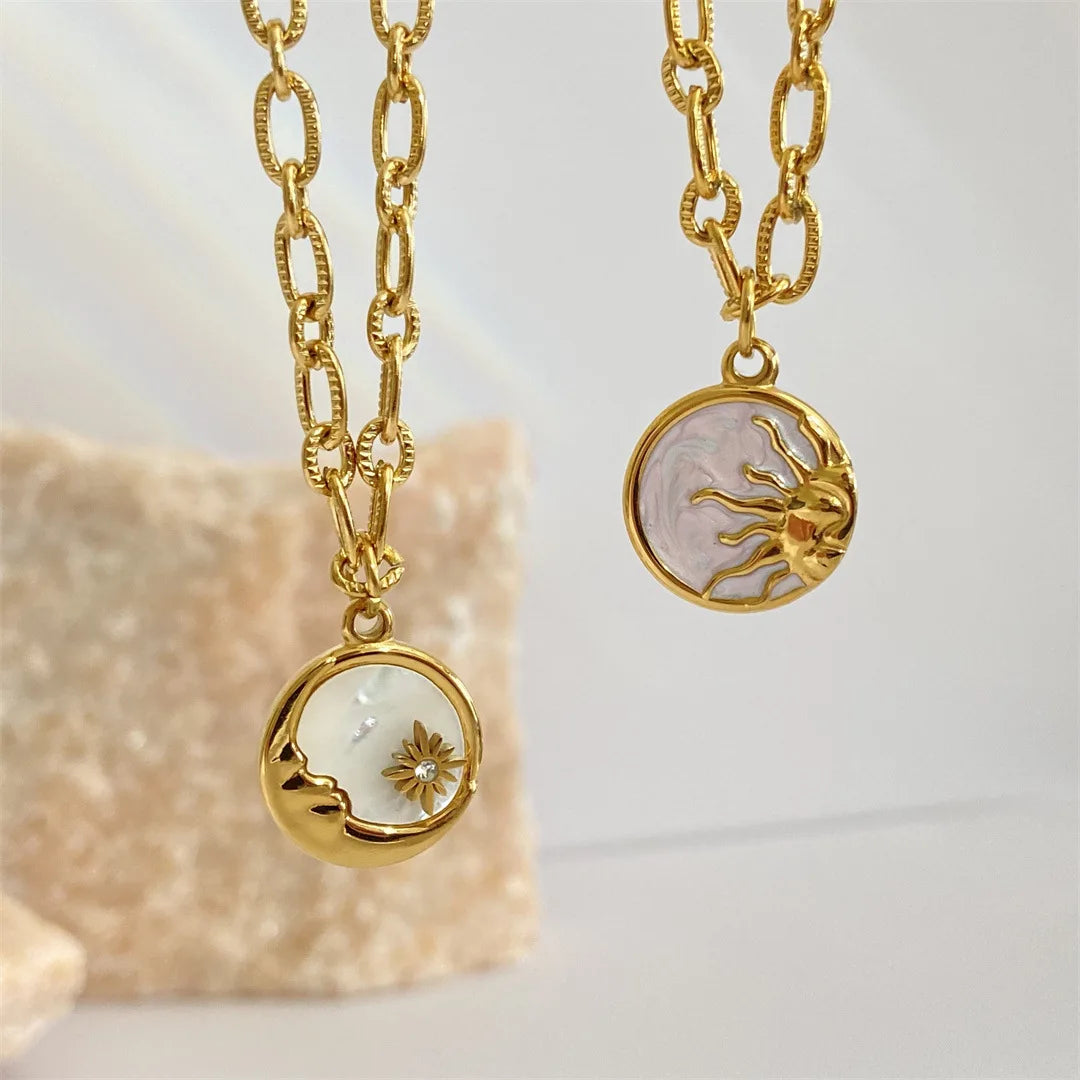 Vintage Sun and Moon Pendants Necklace White Shell Round Coin Stainless Steel