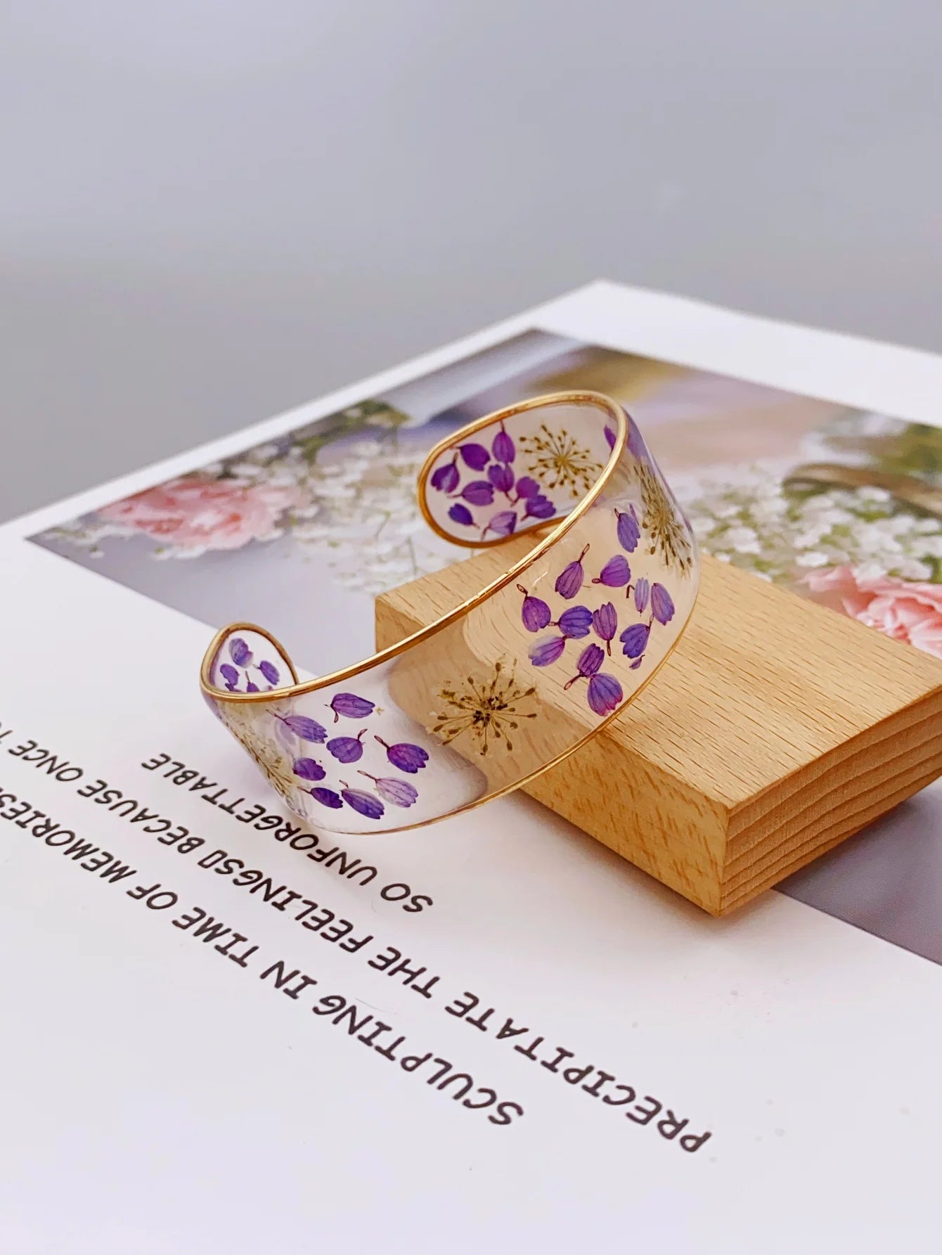 Handmade Transparent Resin Bracelet with Real Dried Flowers for Women