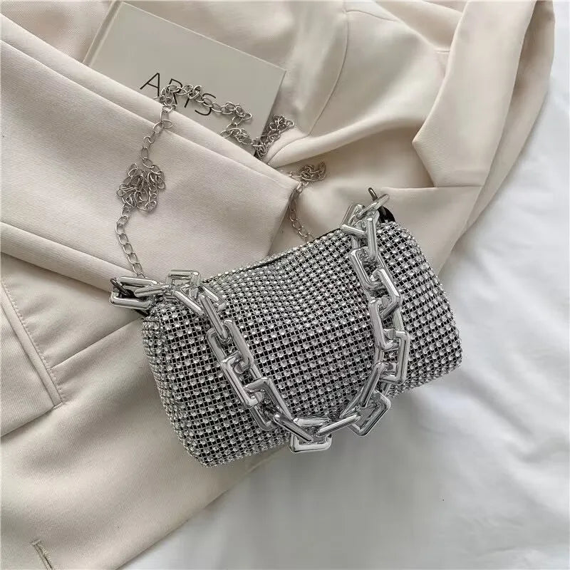 Small Allover Rhinestone Bucket Bag, Glitter Chain  Purse