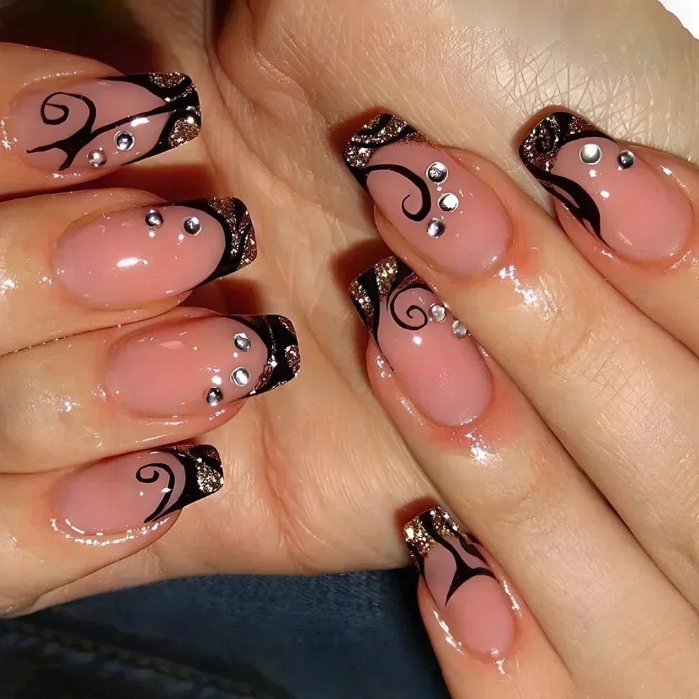 Solid Black Short False Nails with Rose Pattern Design Ballerina Square Artificial Full Cover Press on Nail Tips for Girls