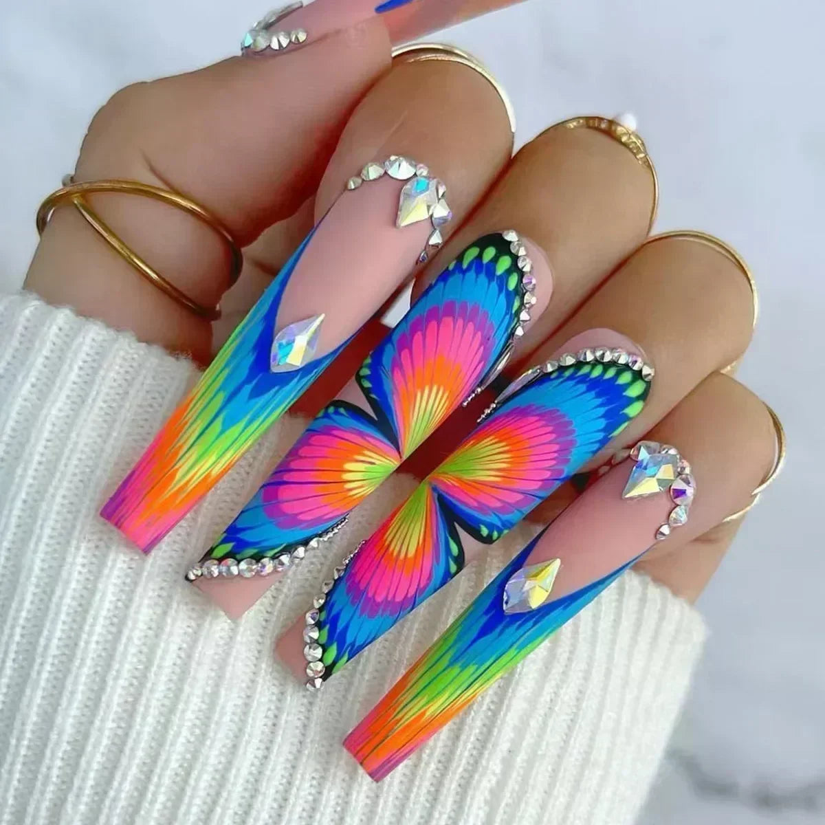 Colorful Butterfly Designs French Press on Nails Long Ballet False Nails with Rhinestone acrylic Fake Nails tips