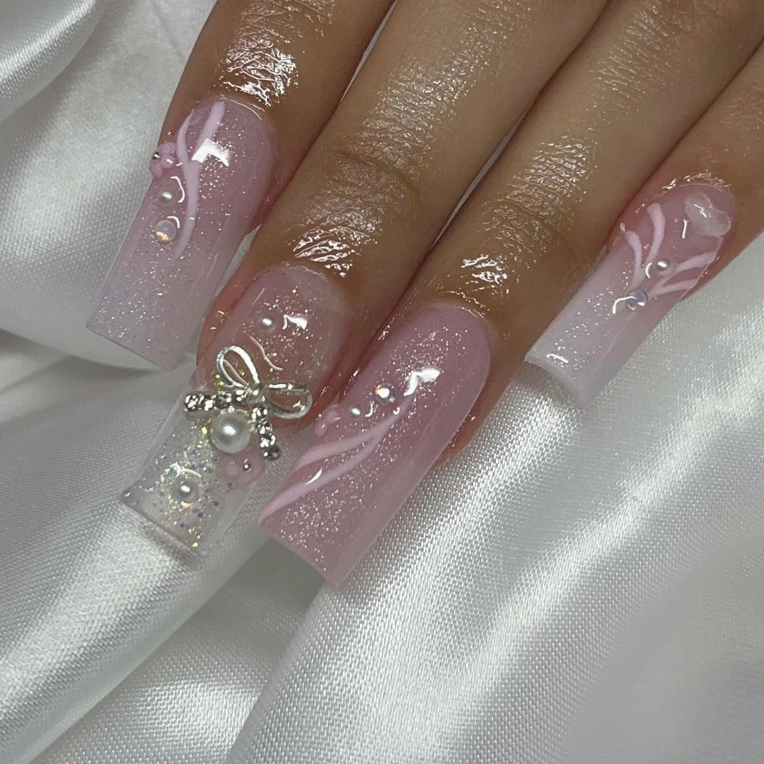 Square Head Ballerina French Pink False Nails With Glue Full Cover Fake Nails Press On Nail Long Acrylic Manicure