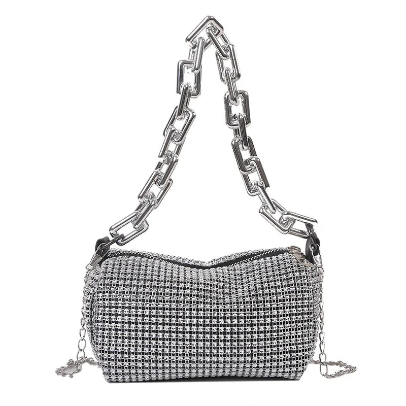 Small Allover Rhinestone Bucket Bag, Glitter Chain  Purse