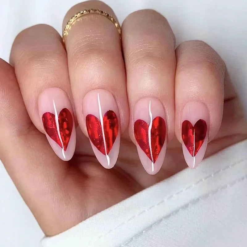 Red Flowers Design Fake Nail with Almond Head Mid-length French Press on False Nails Glitter Wearable Full Cover Nail Tips