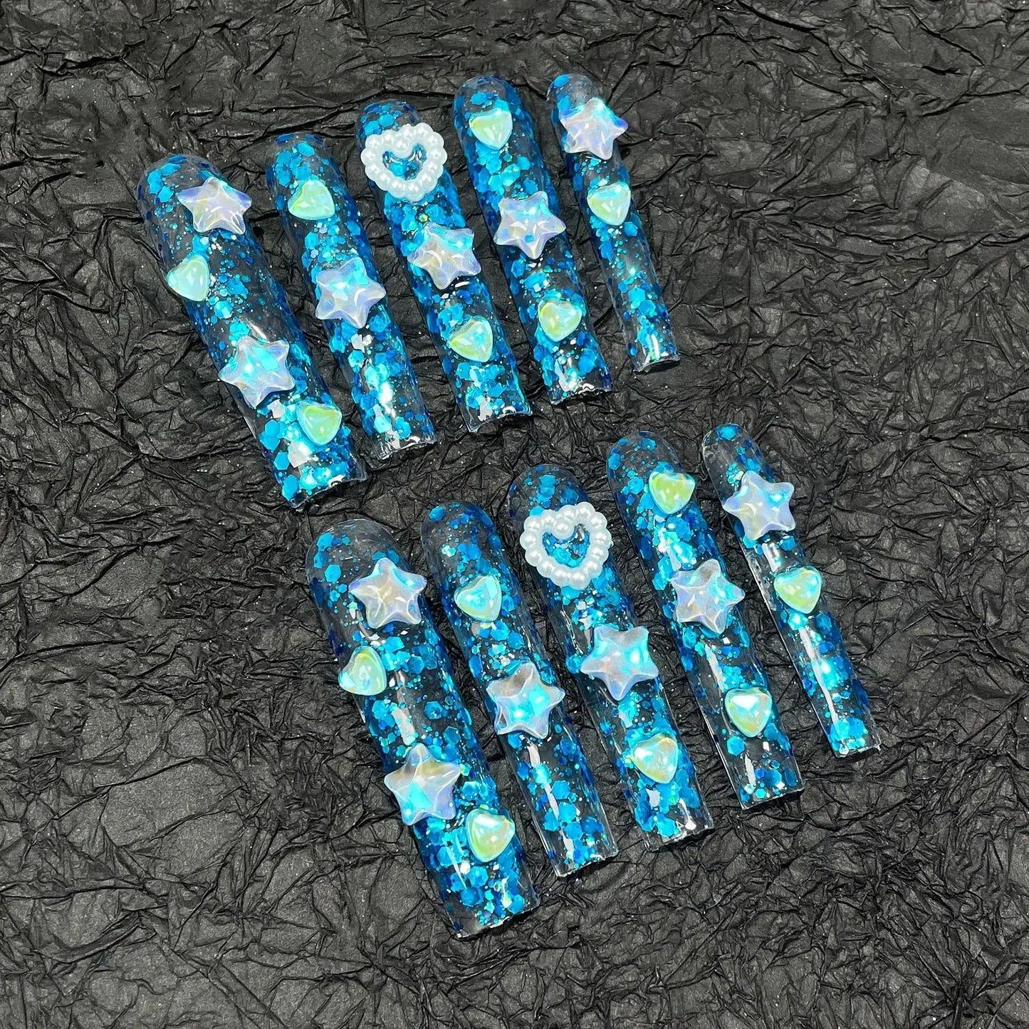 10pc Long Water Pipe Handmade Press on Nails Fashion Blue Snake Skin False Nail with Diamond Flower Coffin French Tips Fake Nail