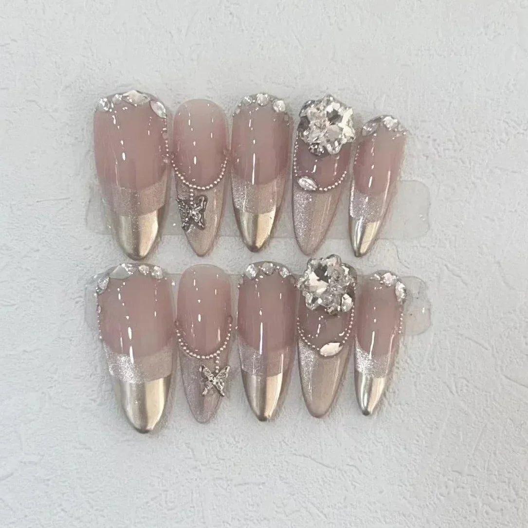 10Pcs Long Almond Handmade Press on Nails Fake Nails with Rhinestone Wearable Stick-on Nails False Nail Накладные Ногти Uñas