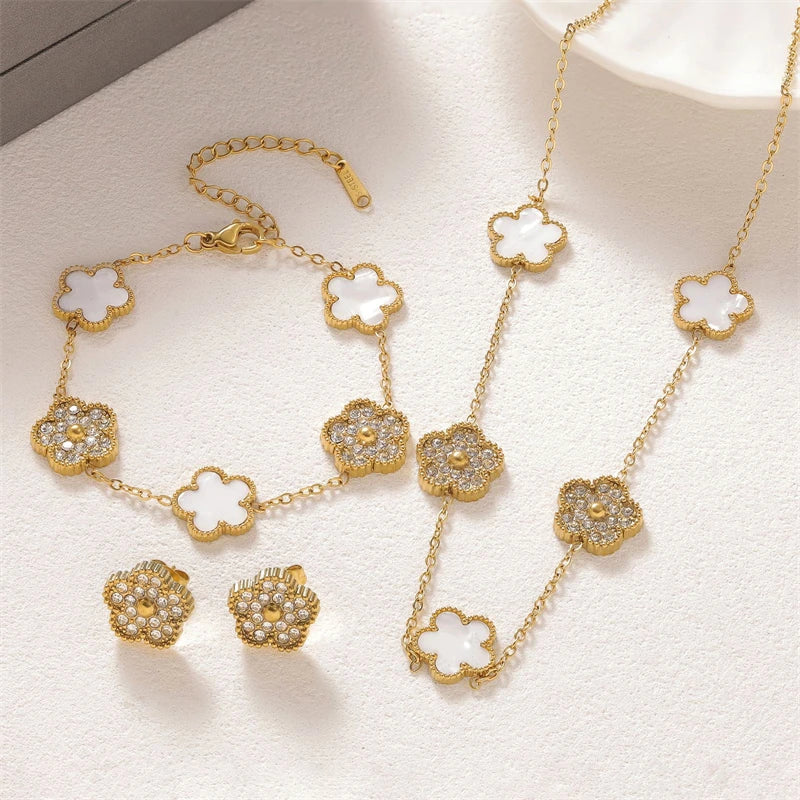 316L Stainless Steel Jewelry Set Zircon 5-Leaf Flowers