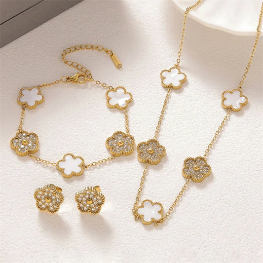 316L Stainless Steel Jewelry Set Zircon 5-Leaf Flowers