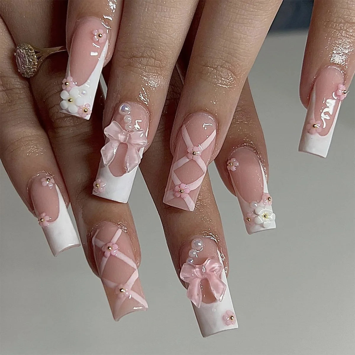 Square Head Ballerina French Pink False Nails With Glue Full Cover Fake Nails Press On Nail Long Acrylic Manicure