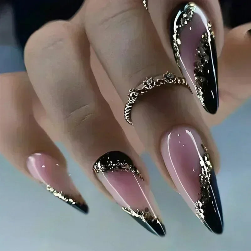 Long Stiletto Press on Nails Box Acrylic False Nails with Almond Designs Black Gold Foil French Full Cover Fake Nail Tips