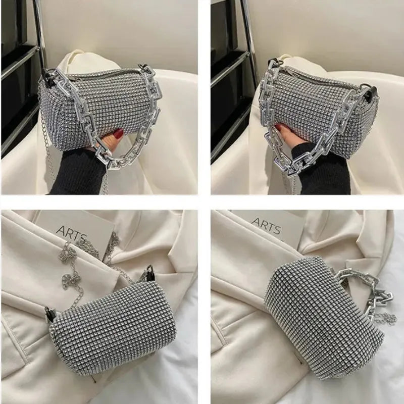 Small Allover Rhinestone Bucket Bag, Glitter Chain  Purse