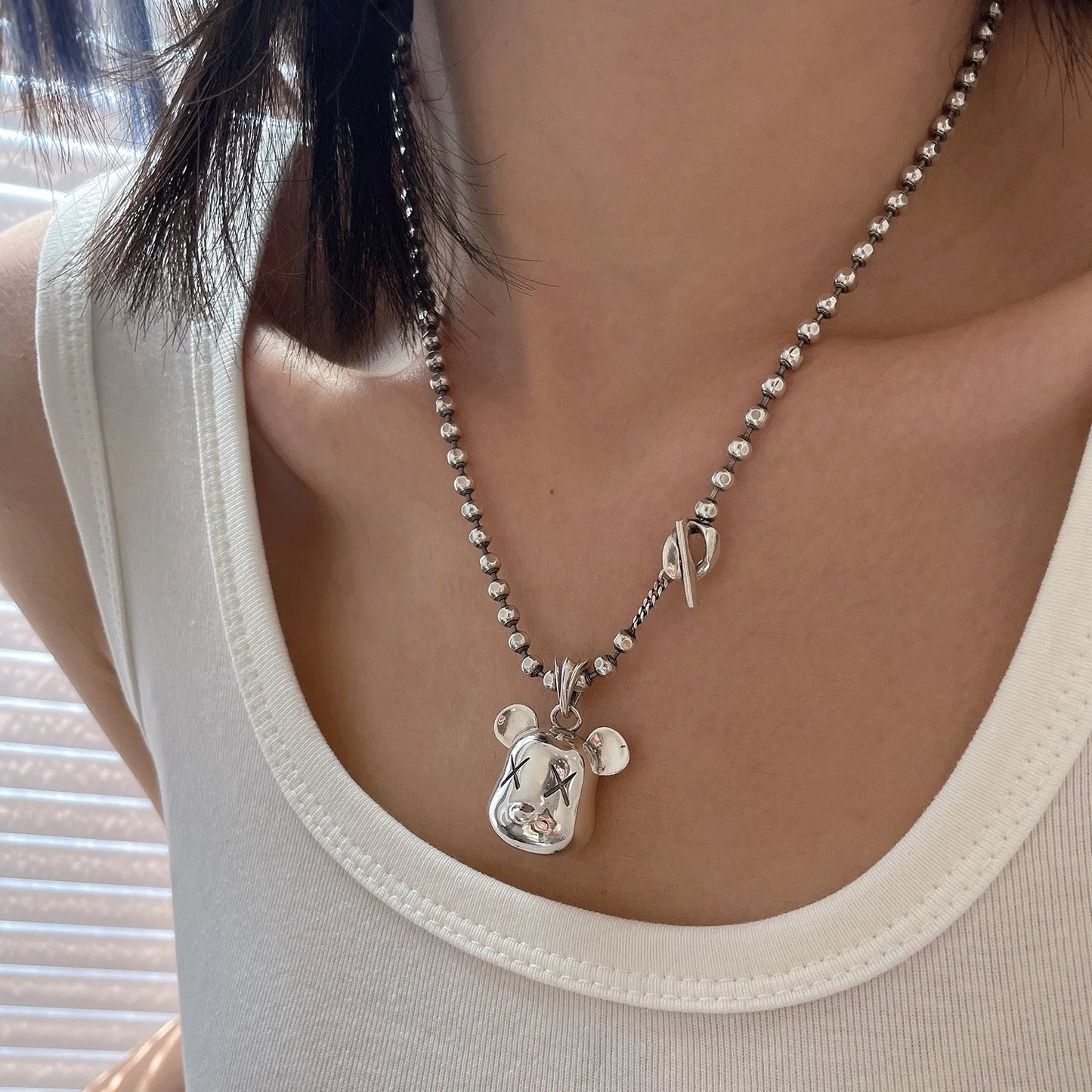 925 Sterling Silver Square Bear Head Necklace For Women Wide Fine Jewelry Wedding Party Birthday Gift