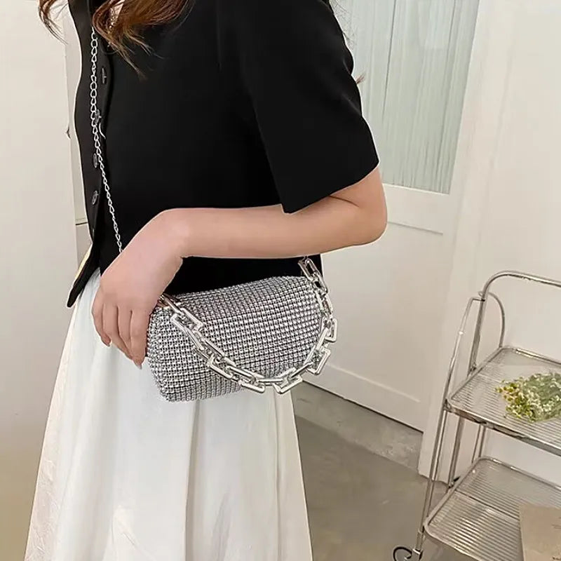 Small Allover Rhinestone Bucket Bag, Glitter Chain  Purse