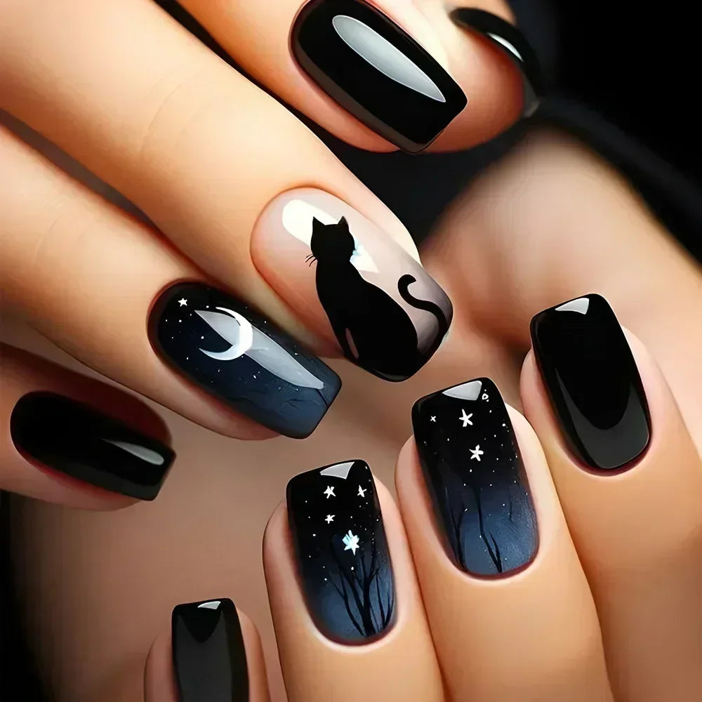 Solid Black Short False Nails with Rose Pattern Design Ballerina Square Artificial Full Cover Press on Nail Tips for Girls