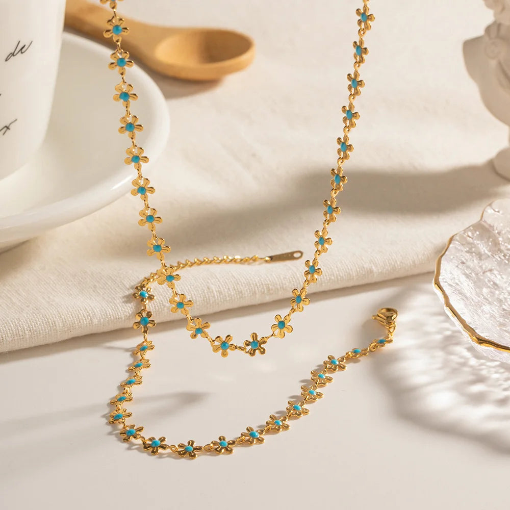 Gold Plated/ Stainless Steel Waterproof Flower Chain Jewelry Set