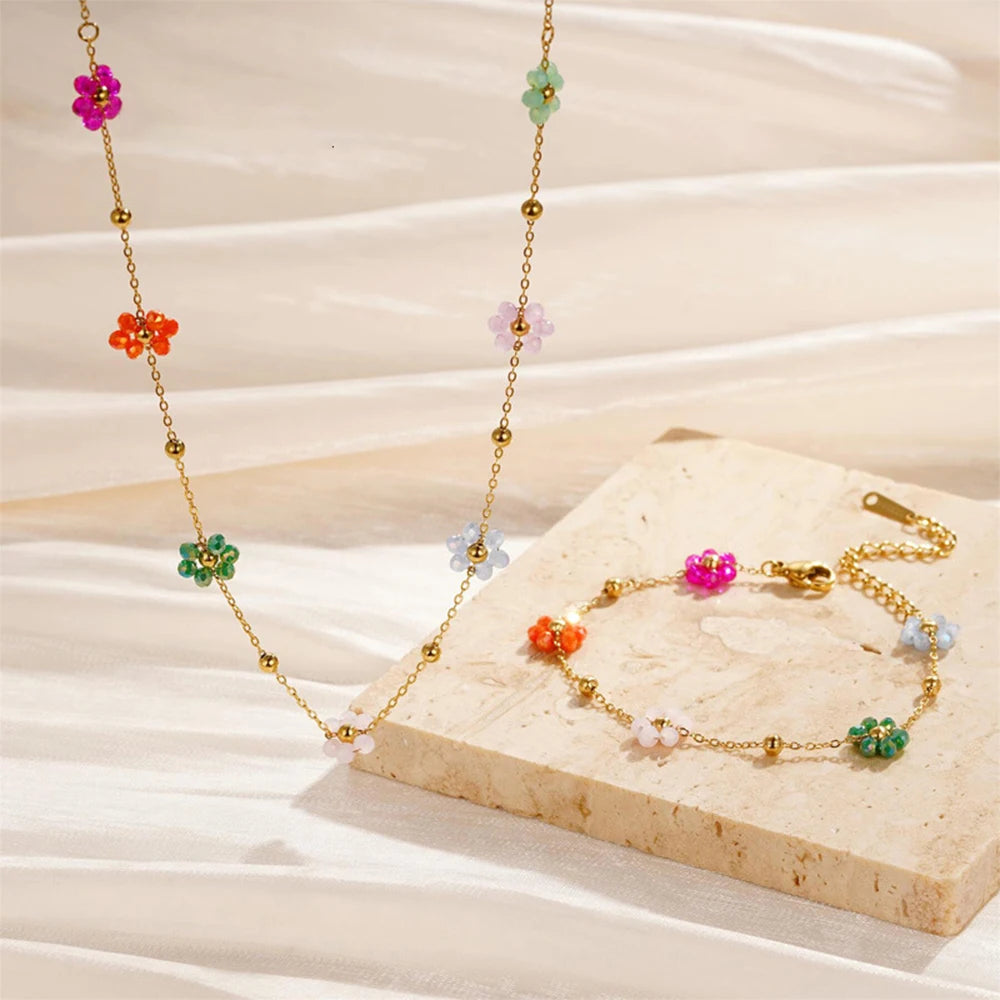 Gold Plated/ Stainless Steel Waterproof Flower Chain Jewelry Set