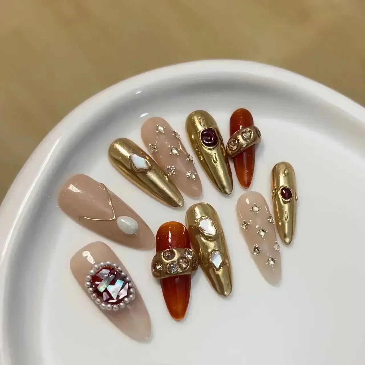 10Pcs Long Almond Handmade Press on Nails Fake Nails with Rhinestone Wearable Stick-on Nails False Nail Накладные Ногти Uñas