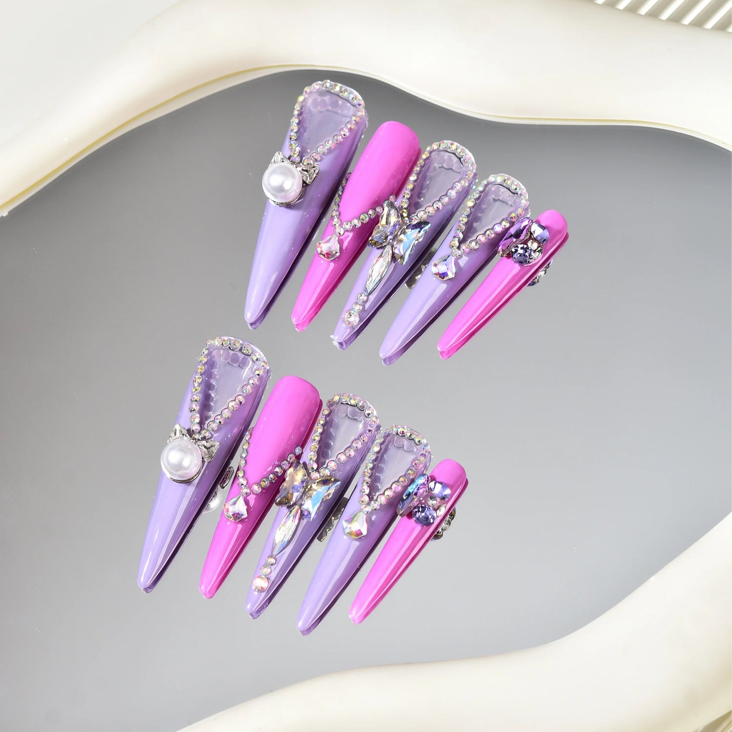 10Pcs Handmade Purple Design False Nails Extra Long Pointy Press on Nails Rhinestone