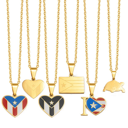 Heart Rectangle Puerto Rico Flag Pendant Necklaces