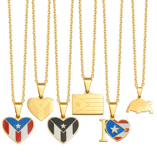 Heart Rectangle Puerto Rico Flag Pendant Necklaces